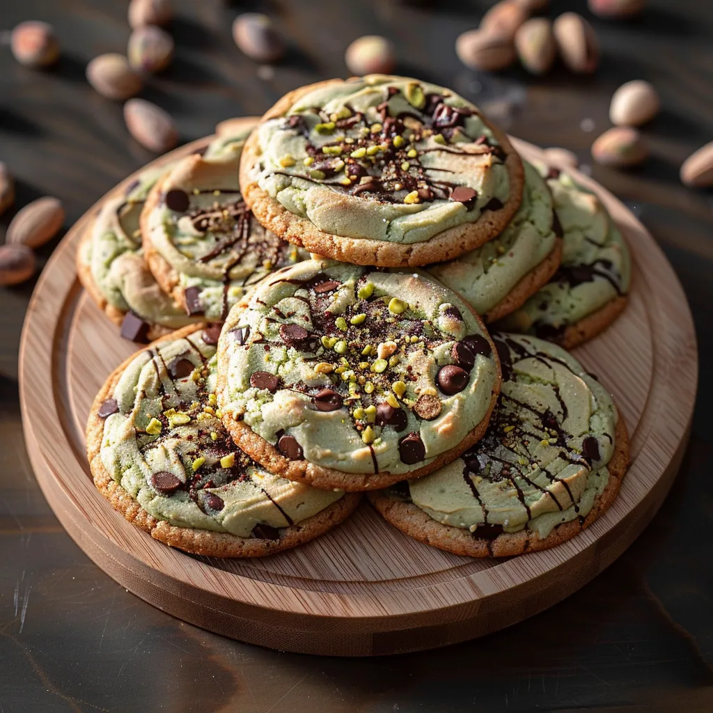 Soft cookies filled with pistachio cream and packed with chocolate chunks and nuts.