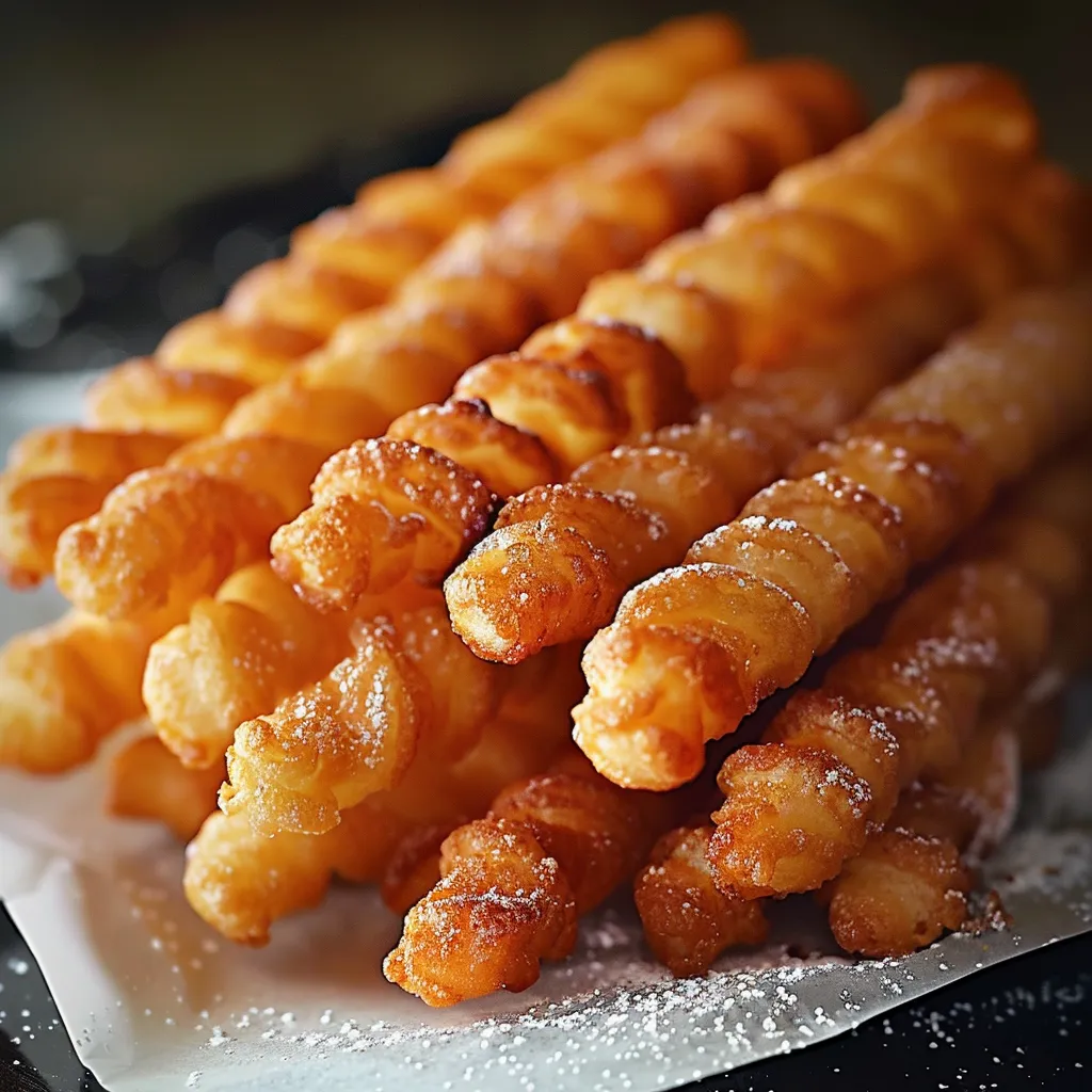Golden funnel cake sticks dusted with powdered sugar, perfect for snacking.