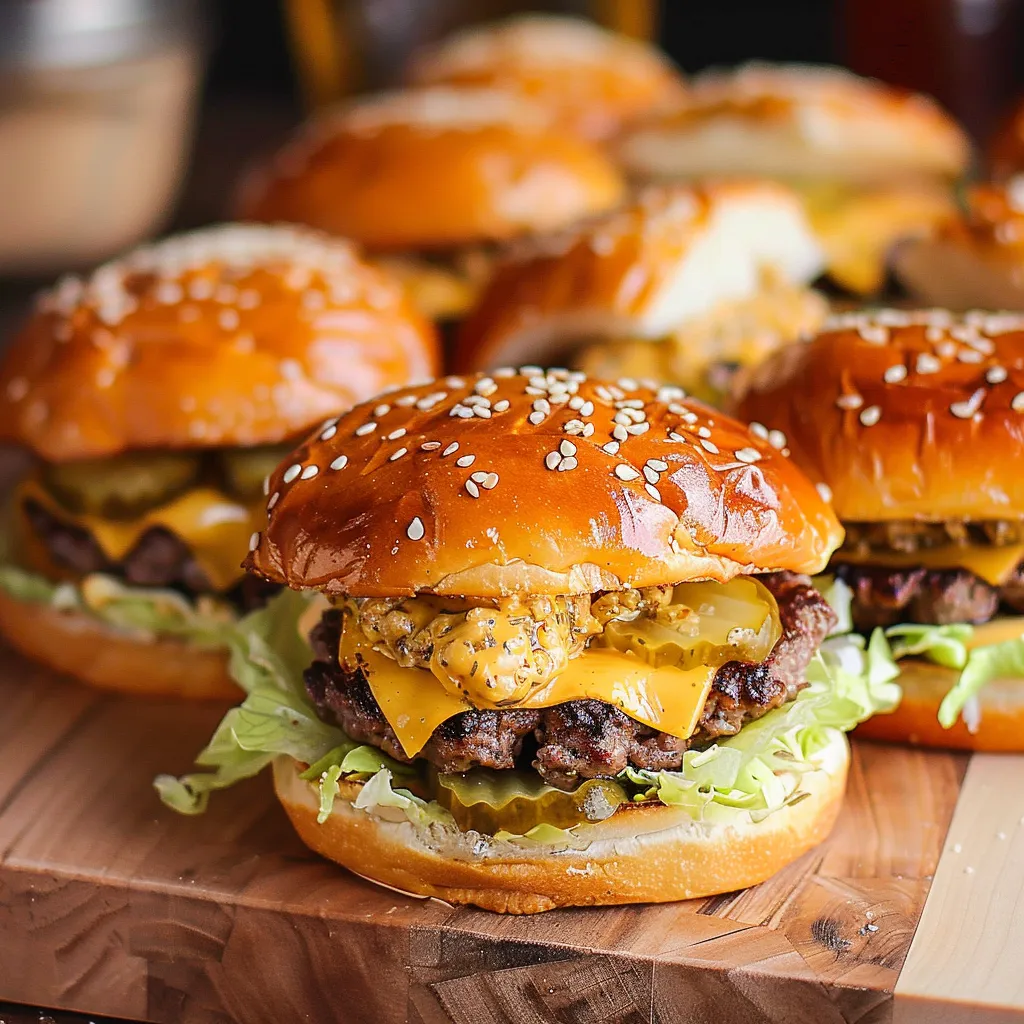 Mouth-watering mini Big Mac burgers topped with creamy sauce, perfect party food.