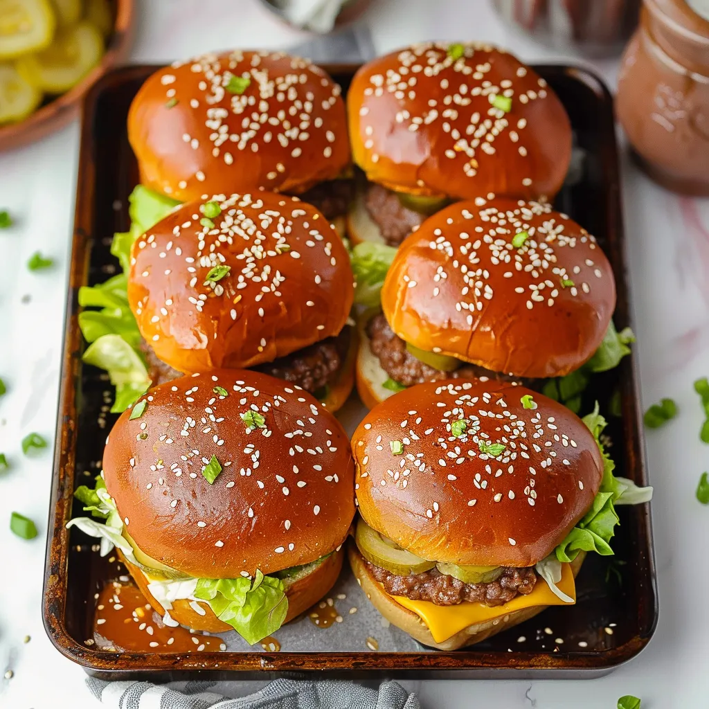 Handheld party sliders loaded with seasoned beef, special sauce and crisp toppings.
