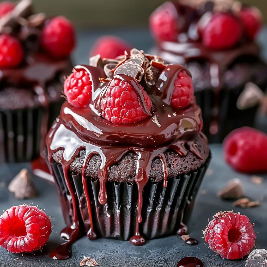 Gooey chocolate cupcakes bursting with raspberry filling and melted centers.