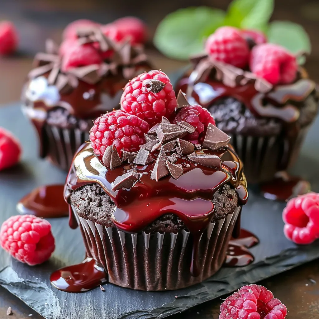 Warm chocolate cupcakes with raspberry centers oozing melted goodness.