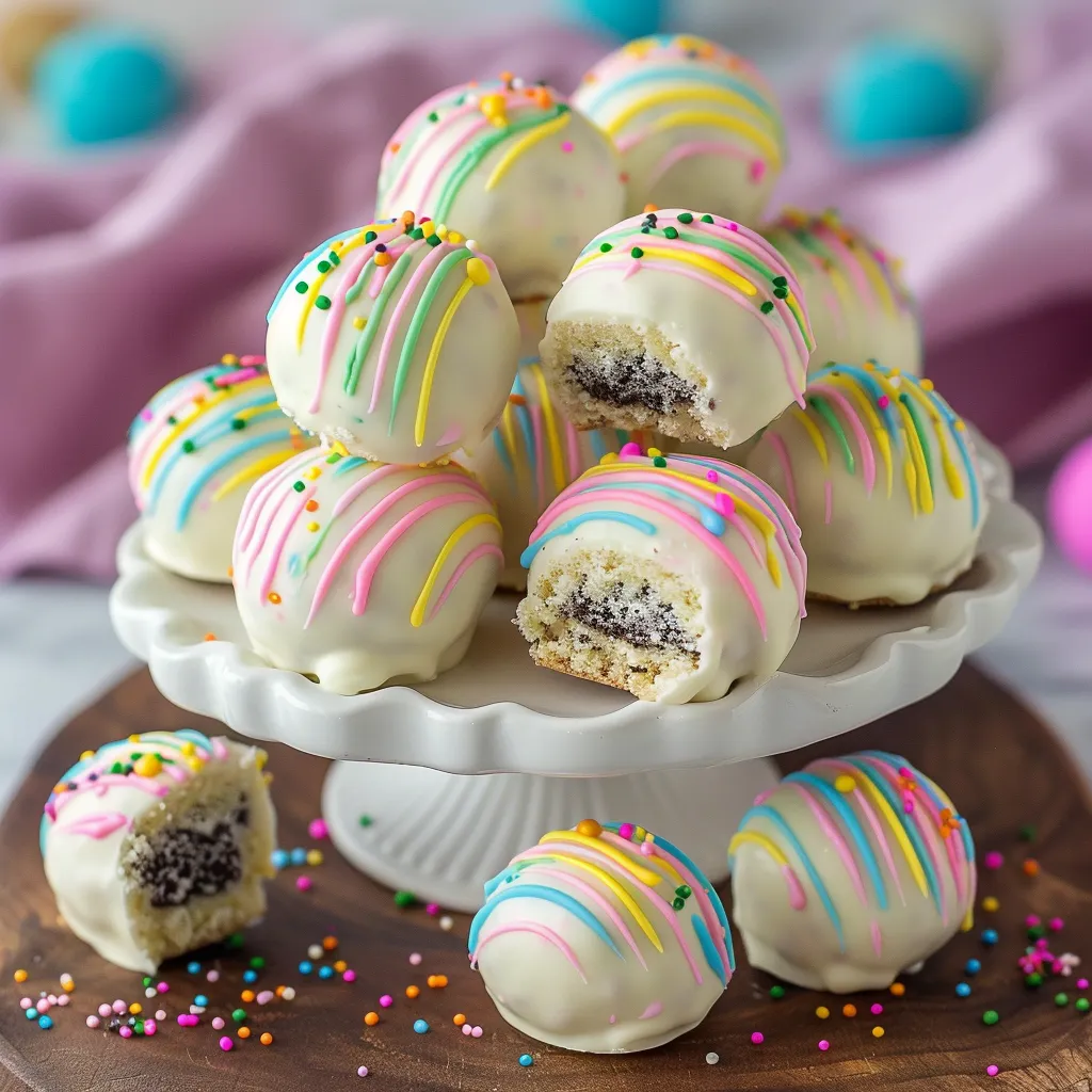 A plate of colorful cake balls with sprinkles on top.