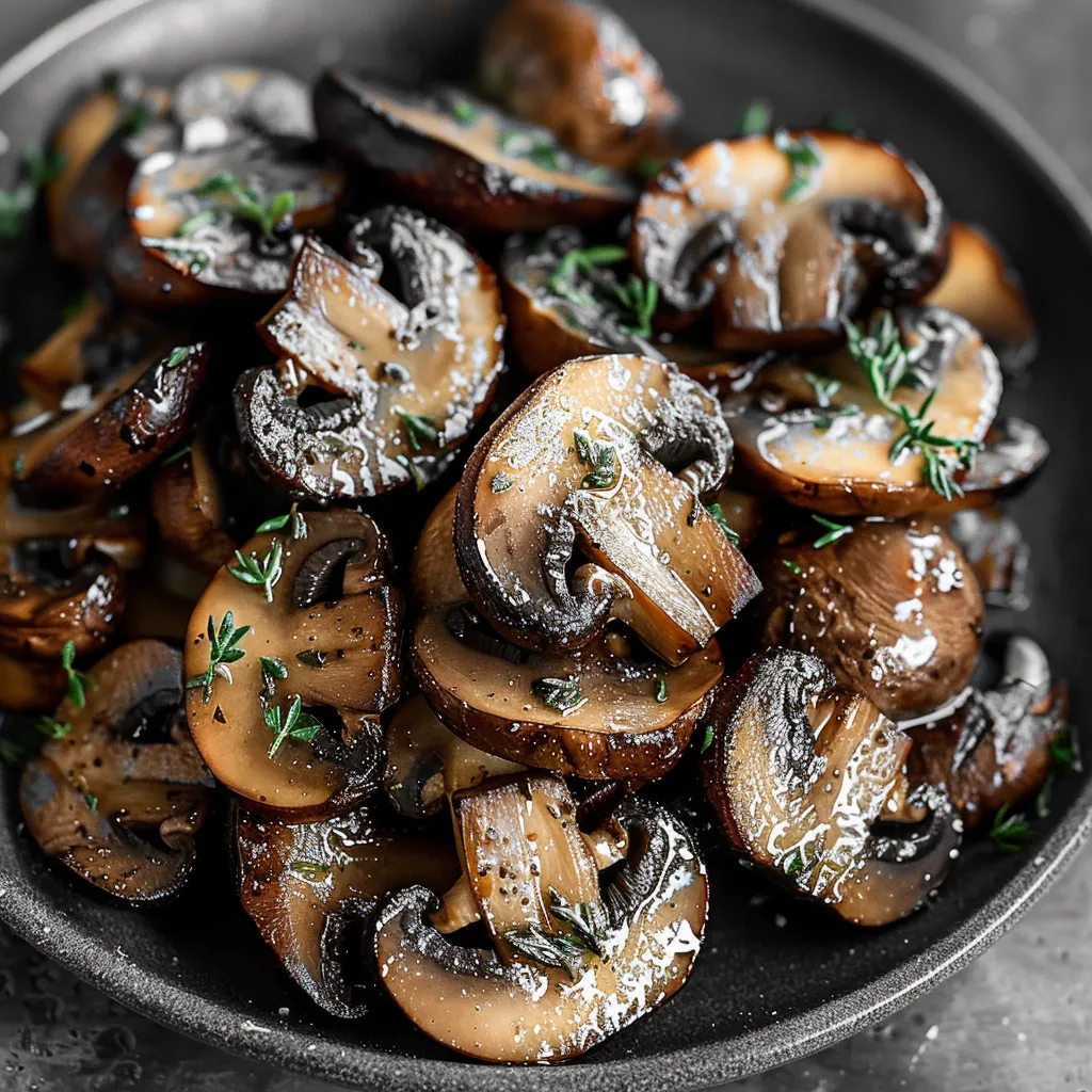 A bowl of mushrooms with herbs and oil.