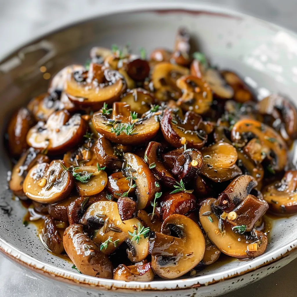 Freshly cooked mushrooms mixed with garlic and herbs in a bowl, ready to serve.