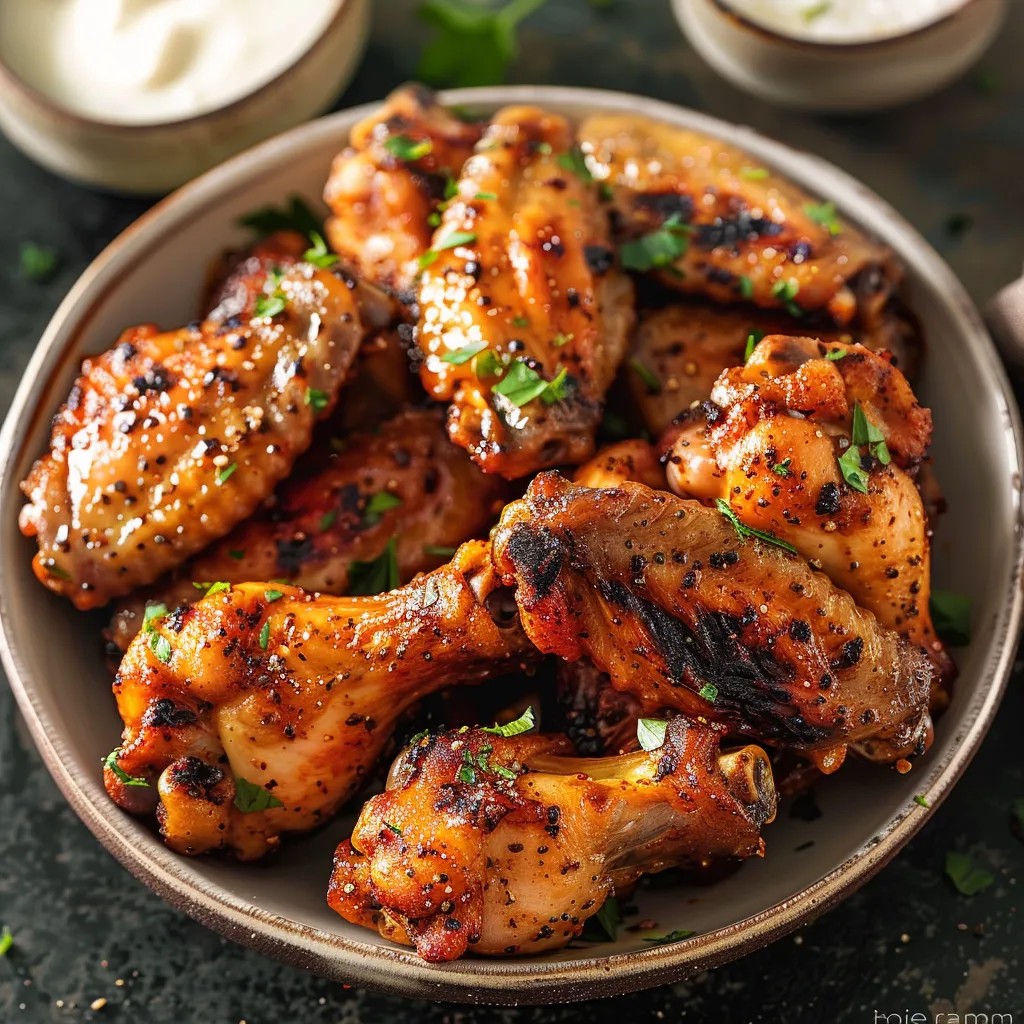 Chicken wings served in a bowl alongside a creamy ranch dip.