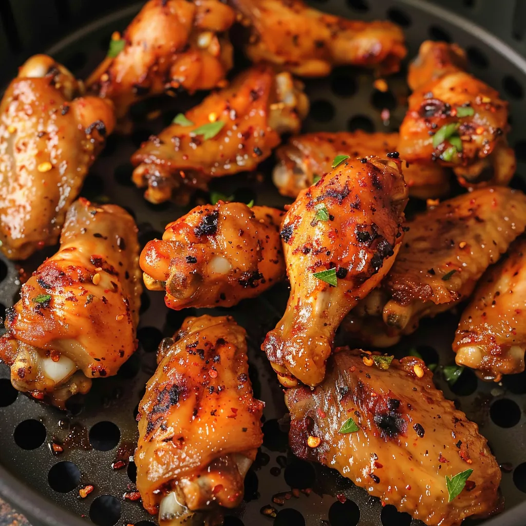A plate of grilled chicken wings with a spicy sauce.