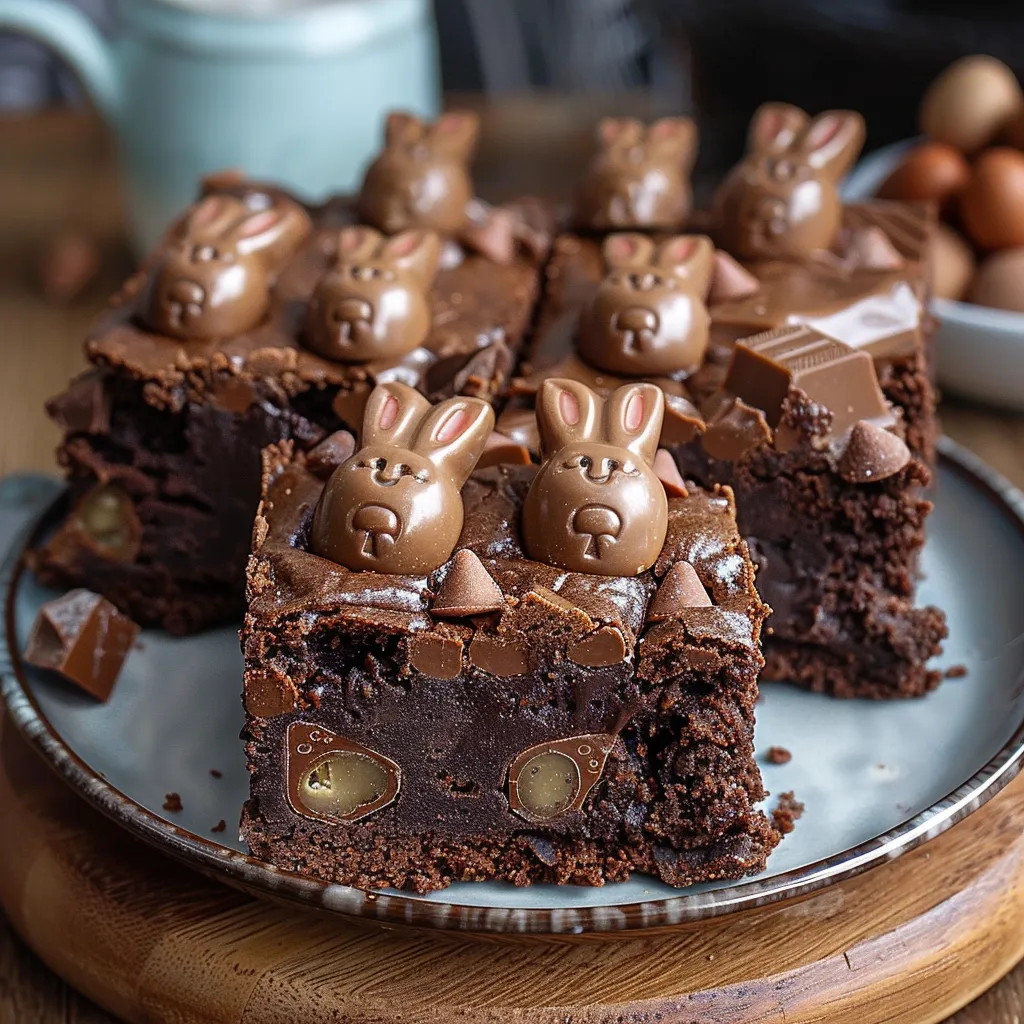 Chocolate brownies topped with bunny-shaped Kit Kats on a plate.