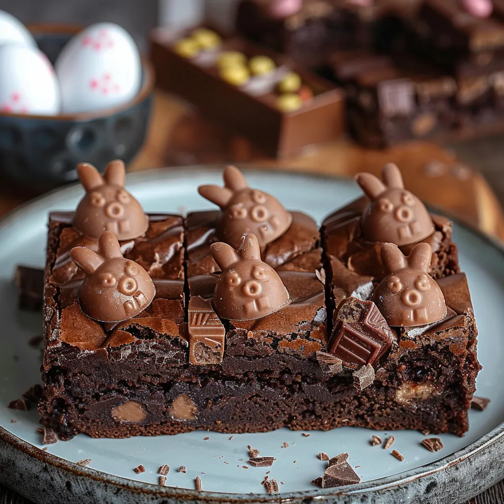 A plate of chocolate cake with chocolate frosting and chocolate bunny ears on top.