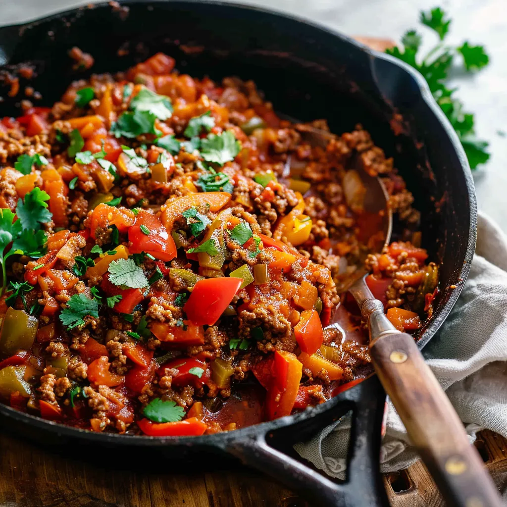 A tasty skillet full of beef and veggies cooked together.