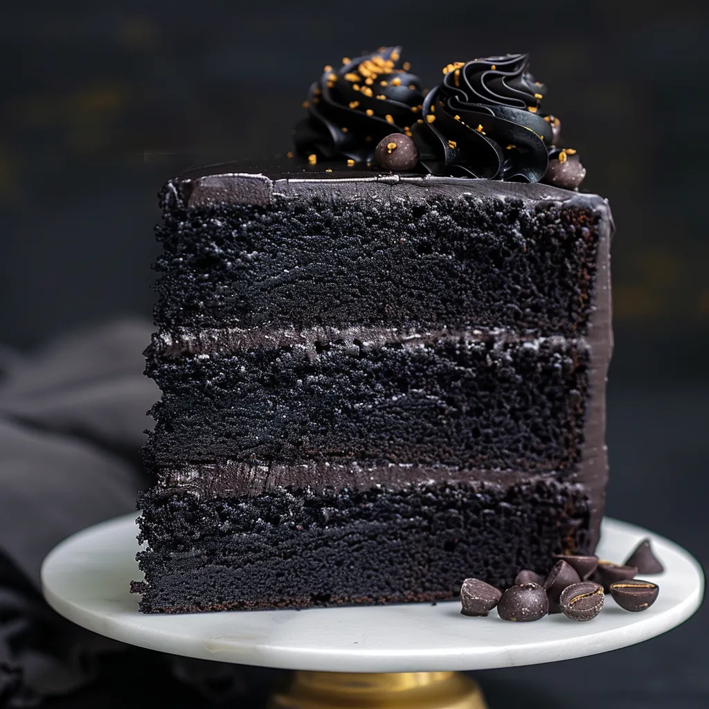 Chocolate cake slice on a plate with chocolate chips.