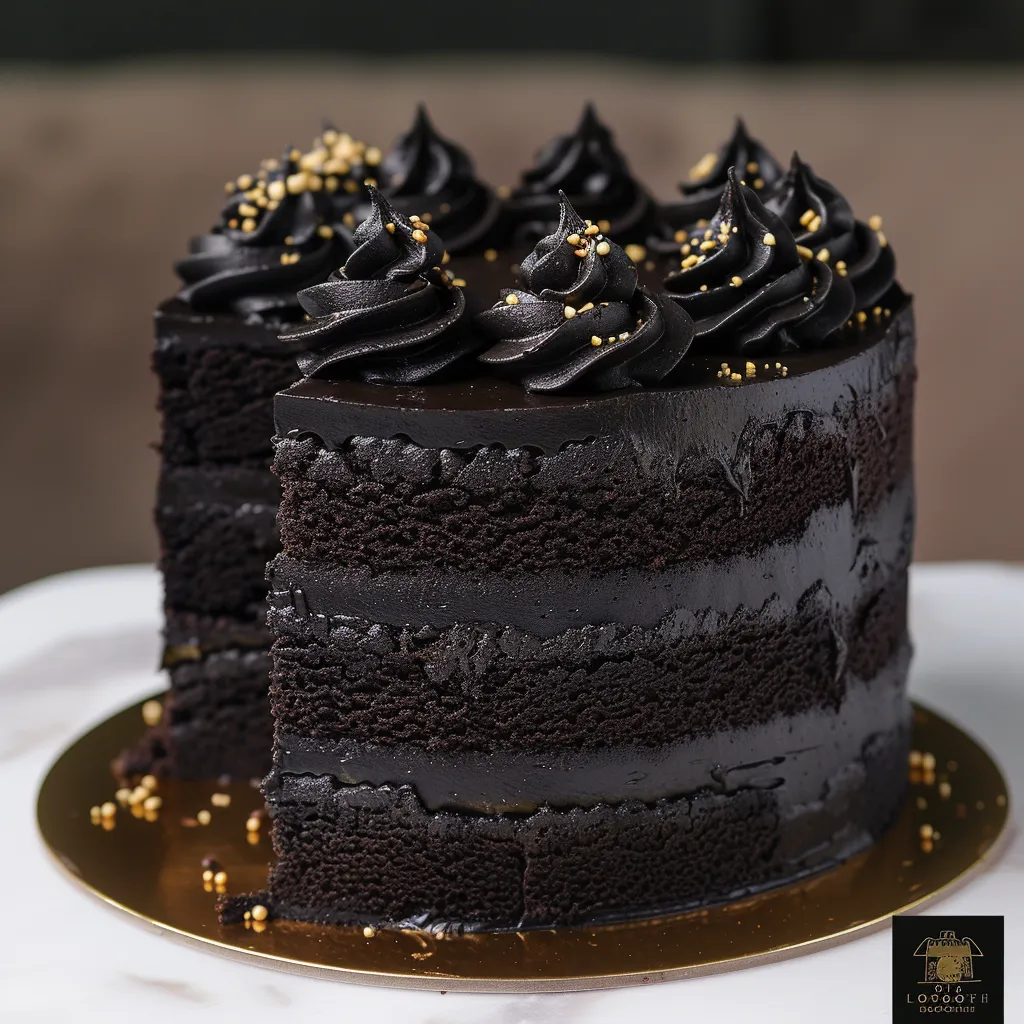 A chocolate cake with gold sprinkles on a plate.