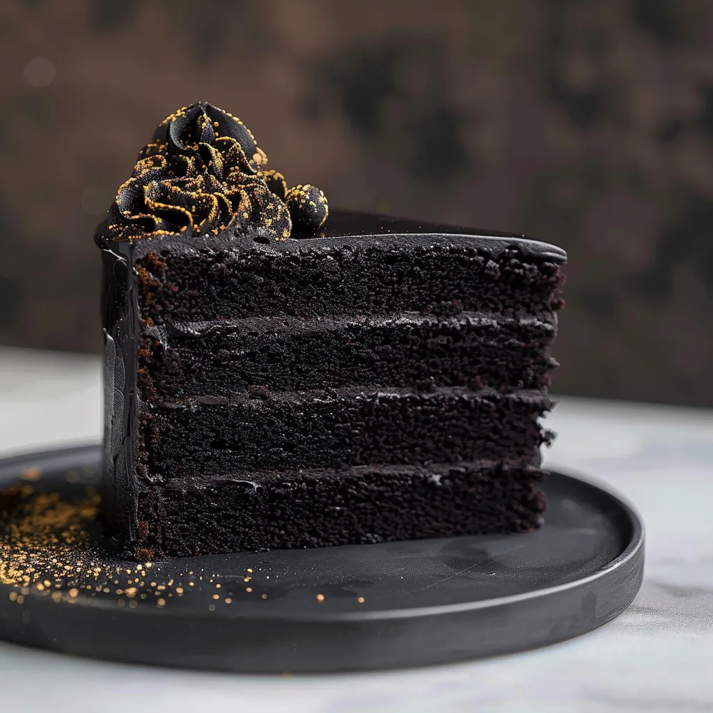 A slice of chocolate cake with gold sprinkles on a black plate.