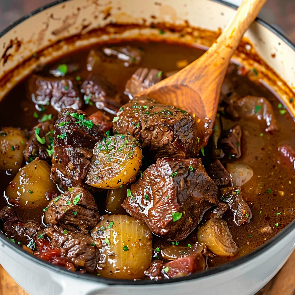 A bowl of beef stew with a wooden spoon in it.
