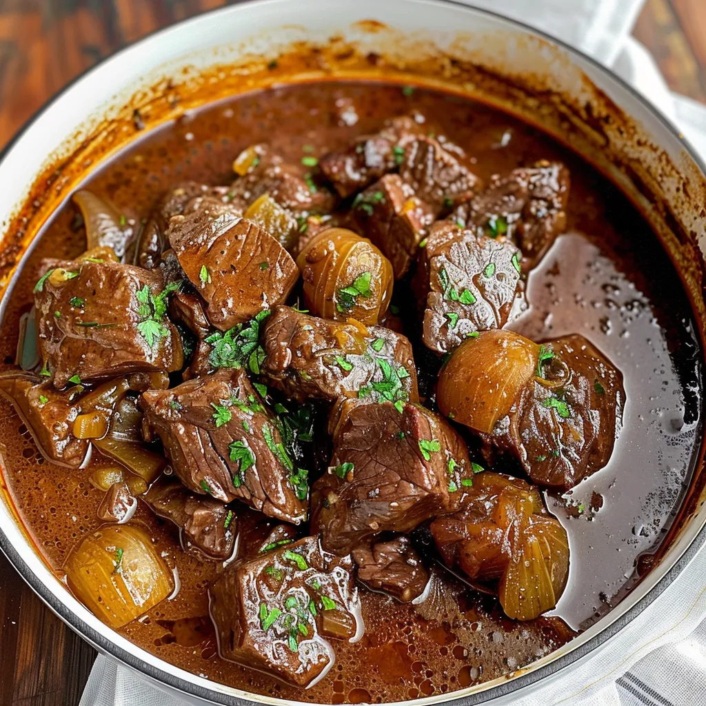 A pot of beef stew with onions and herbs.