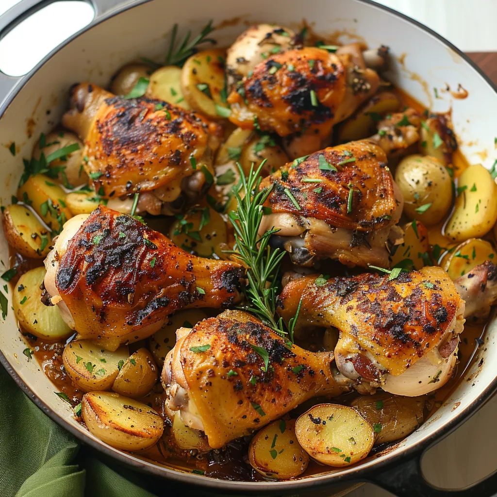 A hearty bowl of chicken, potatoes, and vegetables.