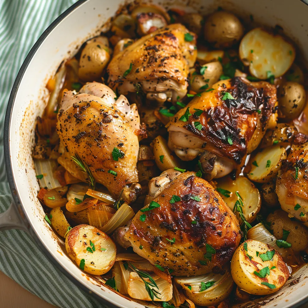 A bowl of chicken and potatoes with herbs and spices.