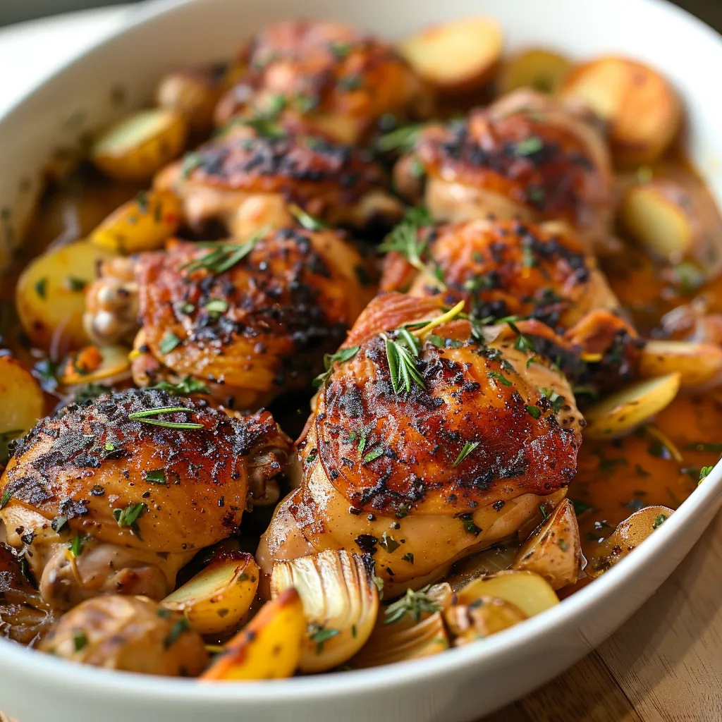 A bowl of chicken with potatoes and herbs.