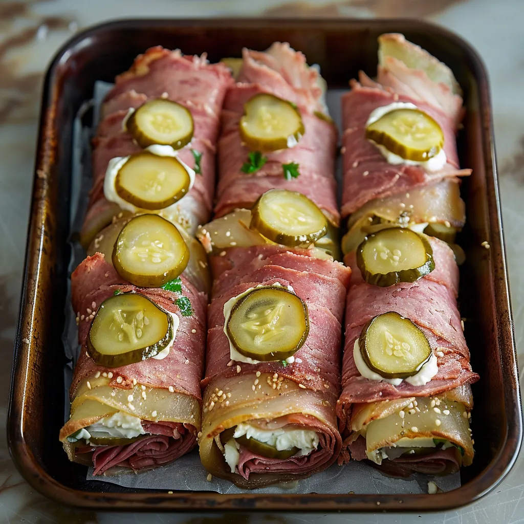 A serving tray with stacked pickle wraps and pastrami.