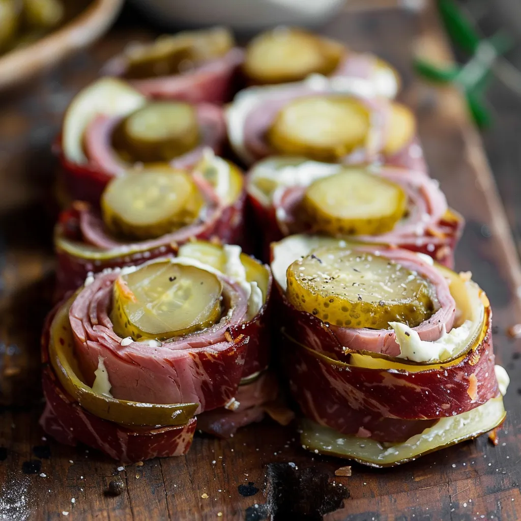 A tasty meat wrap with pickles and cheese inside.