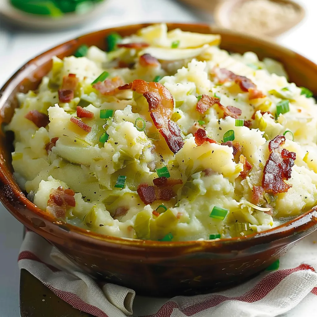 A hearty bowl of creamy potatoes topped with crispy bacon bits and green onions.
