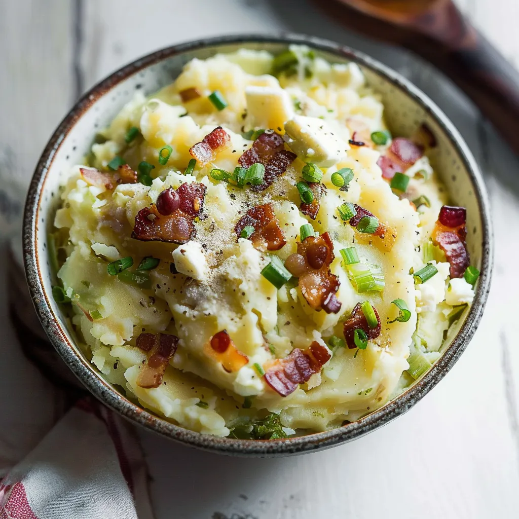 A bowl of mashed potatoes with bacon and green onions.