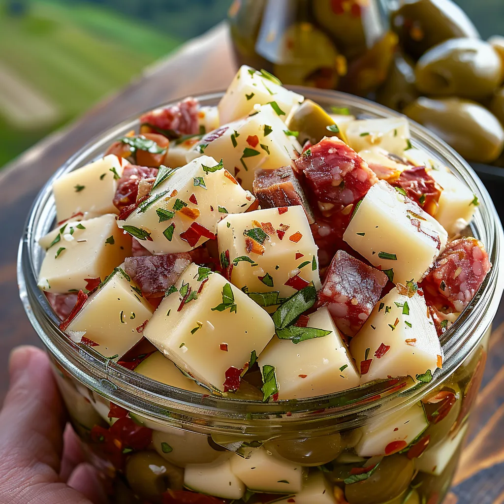 A glass bowl filled with olives and cheese.