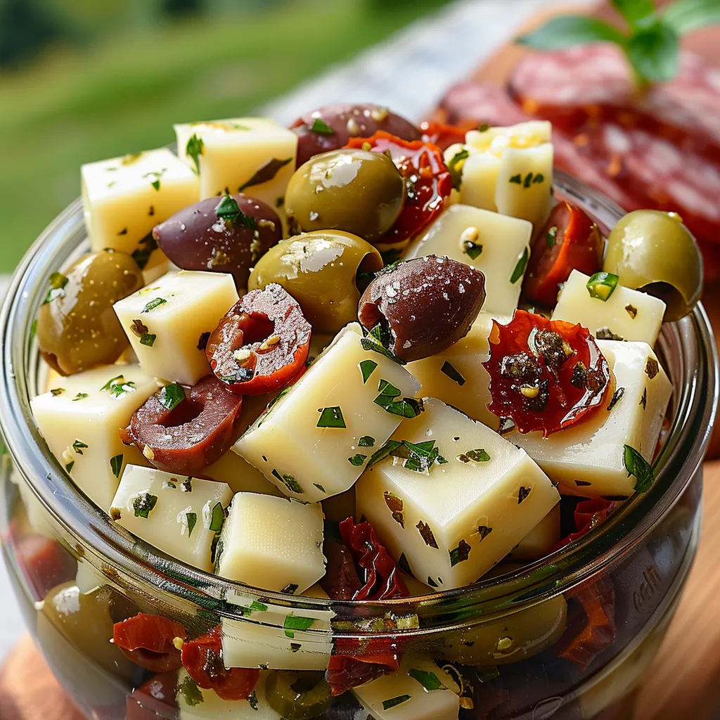 Glass bowl of cheese and olives.