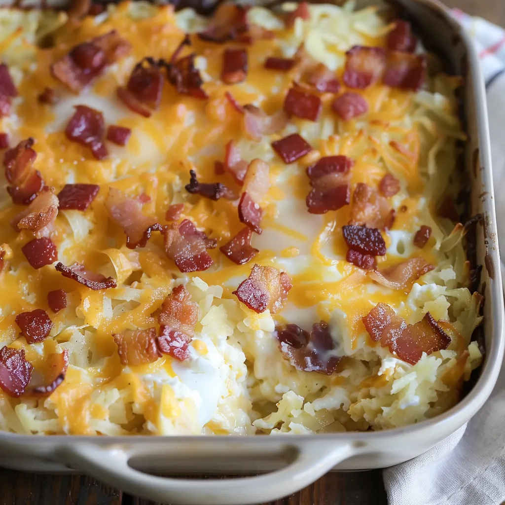 A golden bacon and cheese bake served in a white dish.