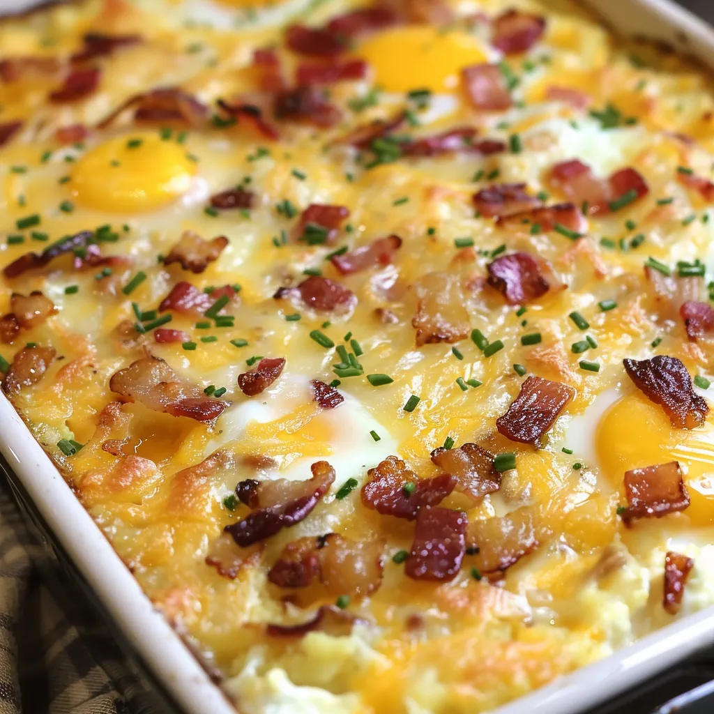 A tasty bacon and egg bake in a white dish.