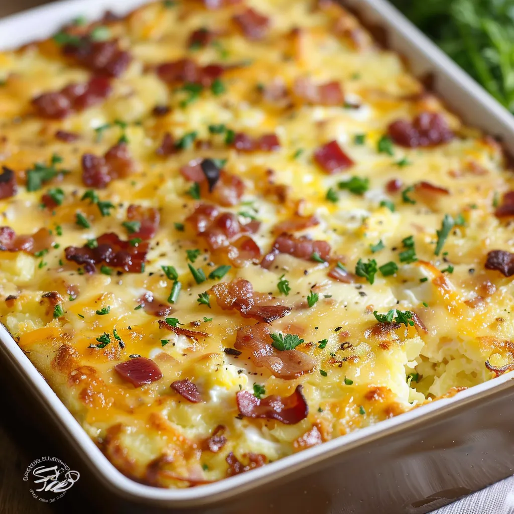 A mouthwatering bacon and cheese bake in a white container.