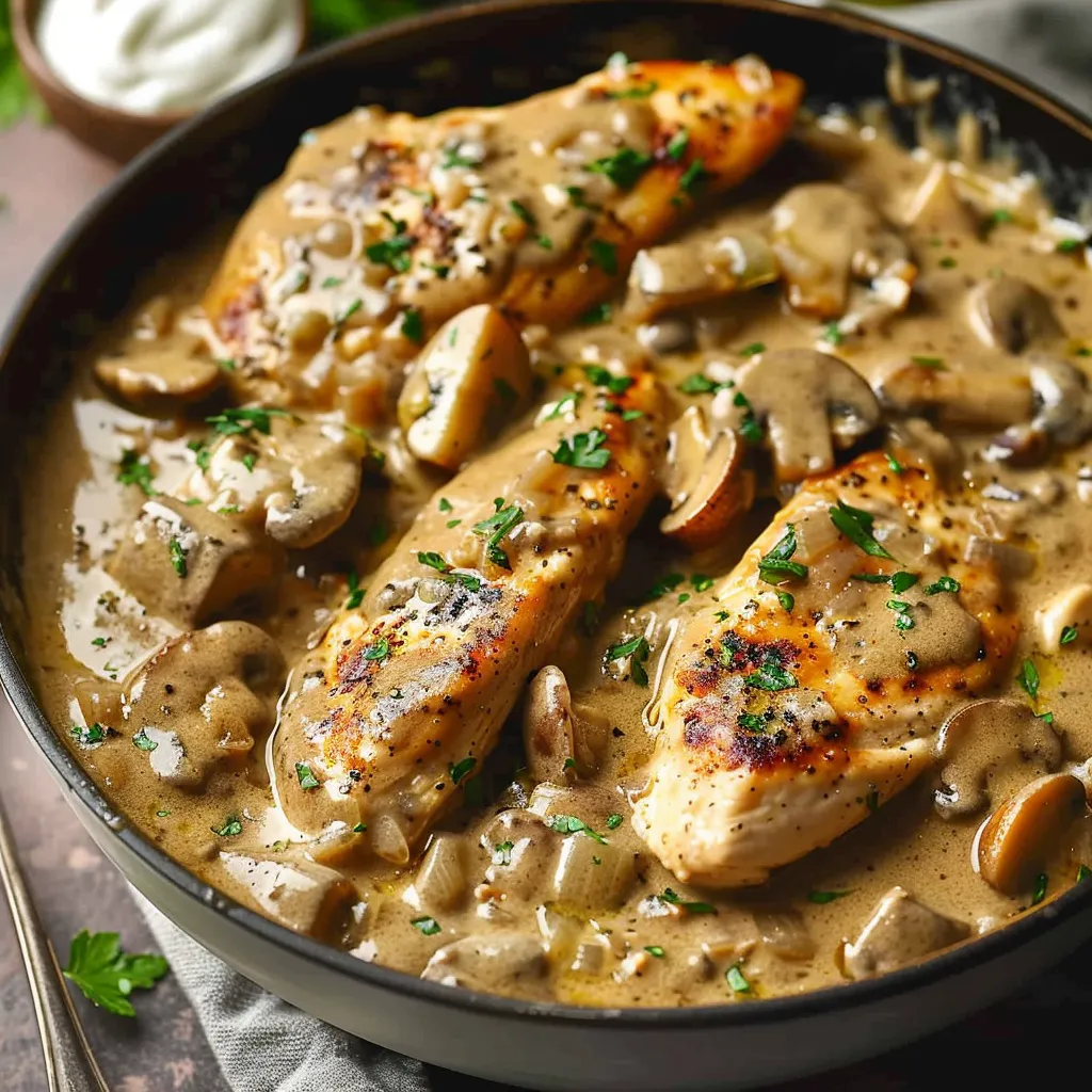 A bowl of chicken with mushrooms and gravy.