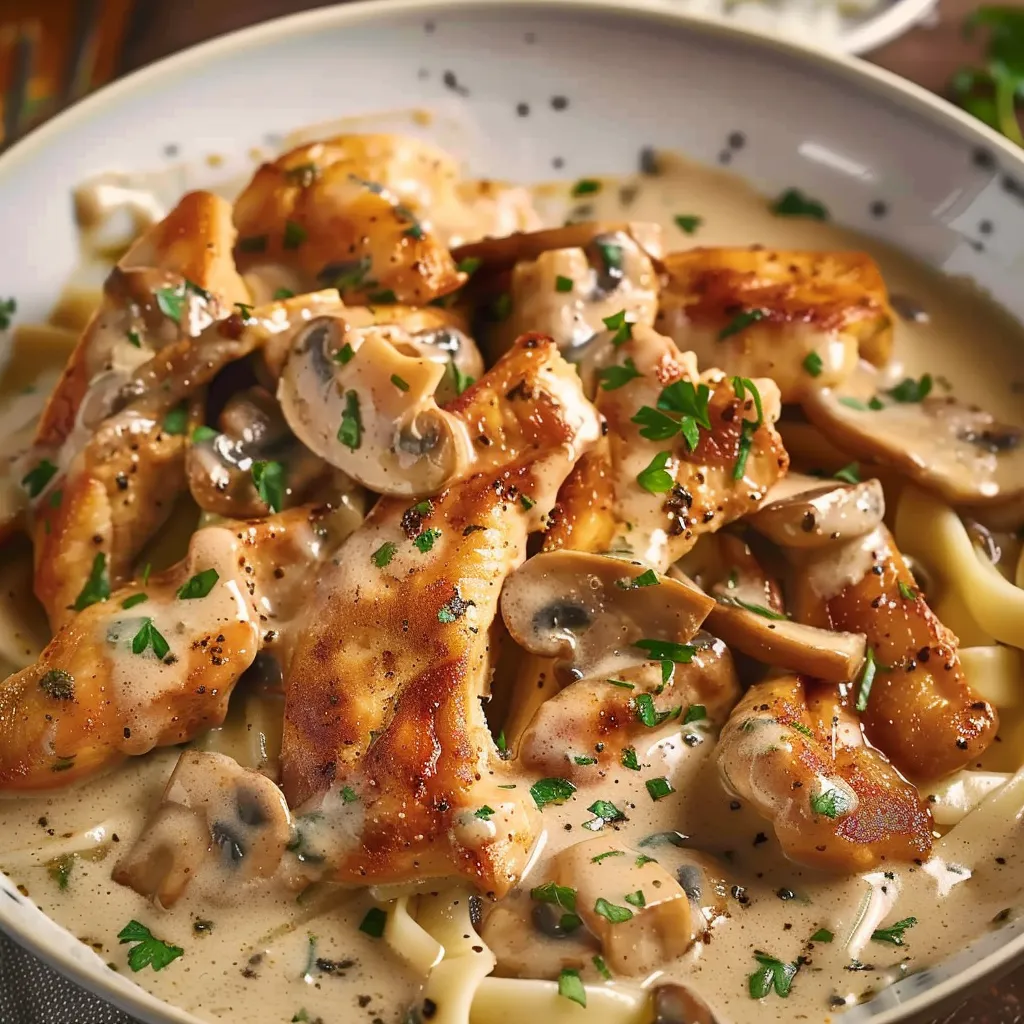 A creamy chicken and mushroom dish served in a bowl.