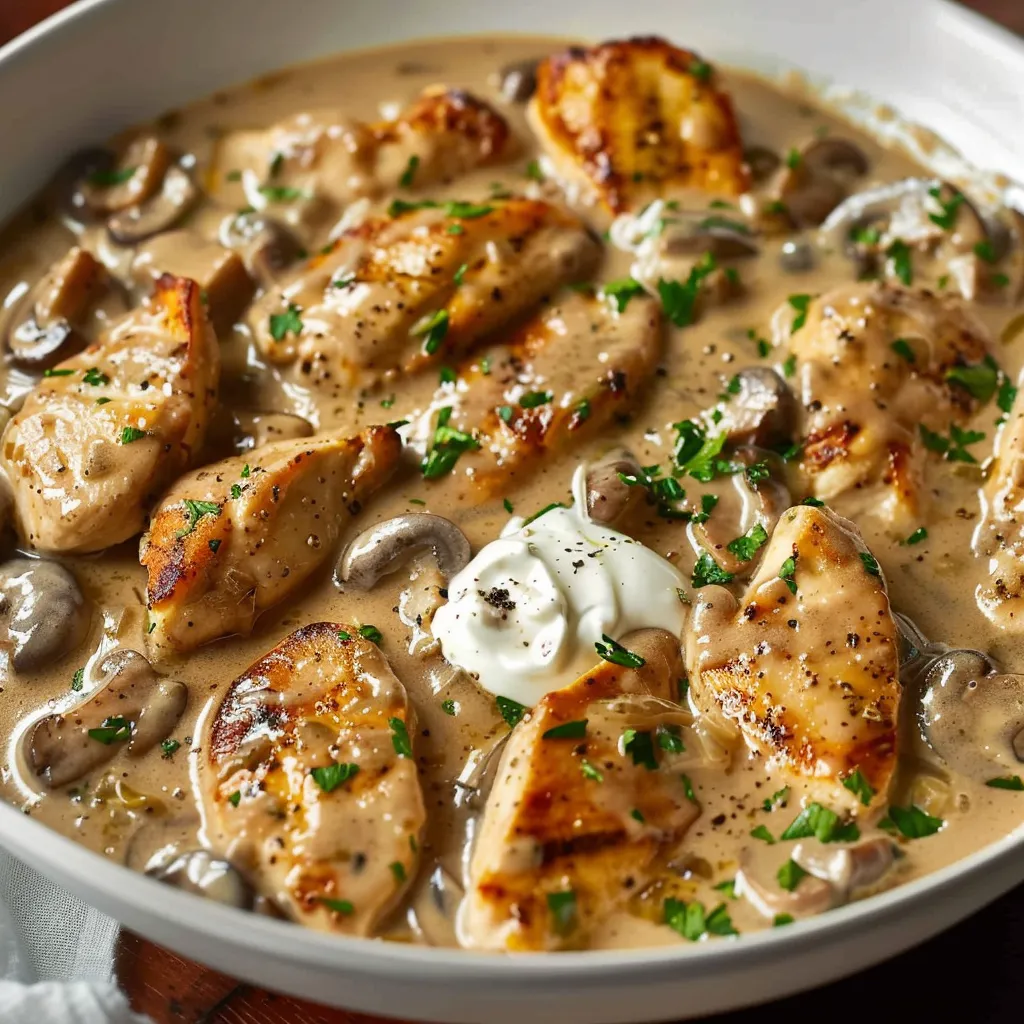 A bowl of chicken with mushrooms and sauce.