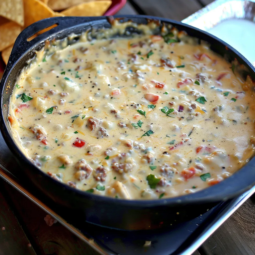 Warm, cheesy dip in a black pan with tortilla chips on the side.