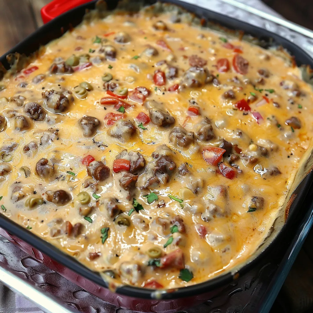 A delicious casserole with meat, vegetables, and cheese, all cooked together in a black dish.