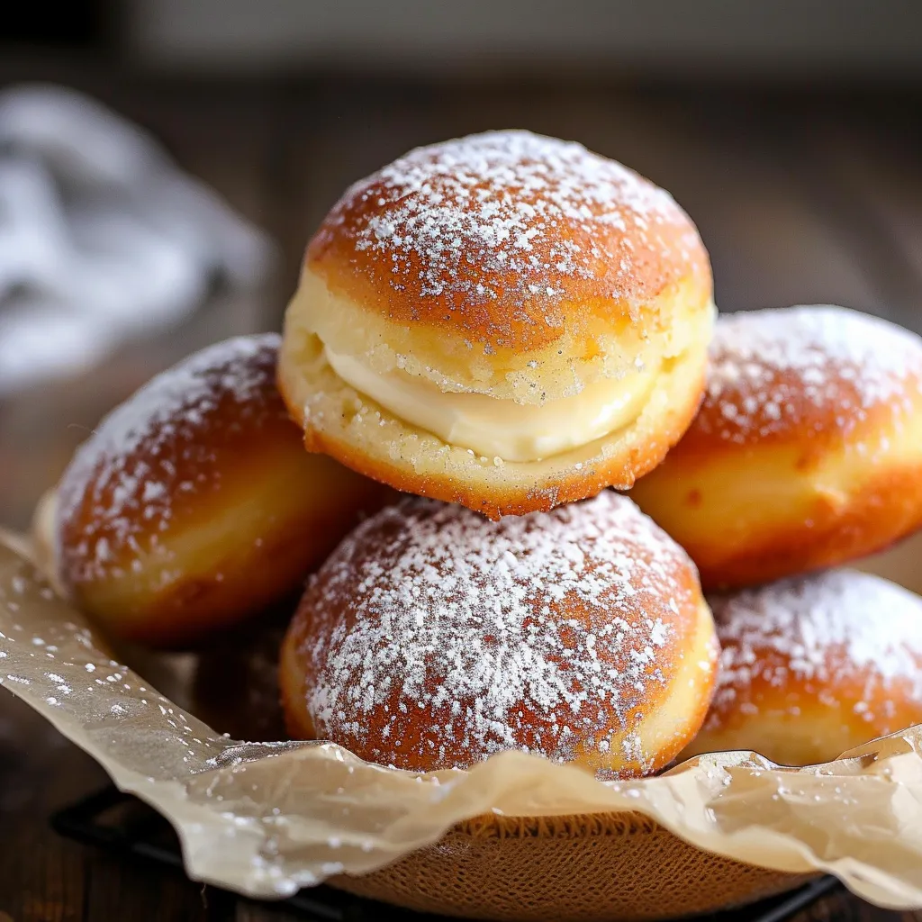 A plate of powdered donuts with white powder on top.