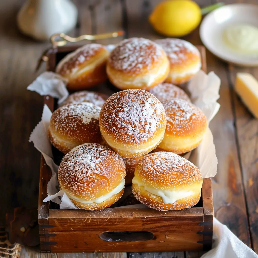 A wooden tray filled with powdered sugar doughnuts.