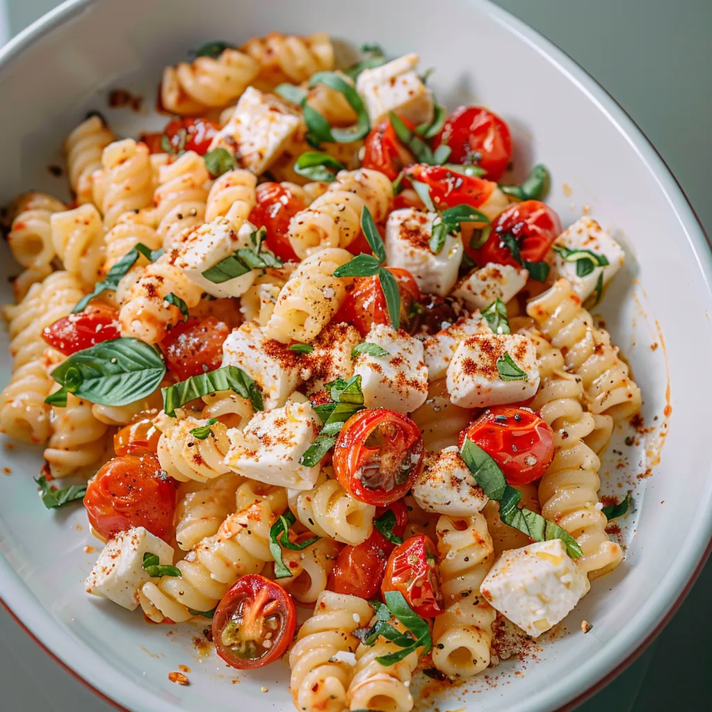 Pasta with cheese and tomatoes in a bowl.
