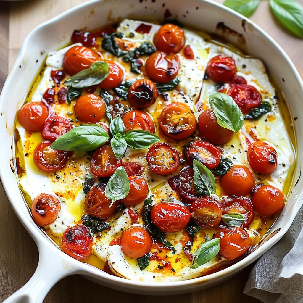 A tasty mix of roasted tomatoes and feta cheese in a white dish.