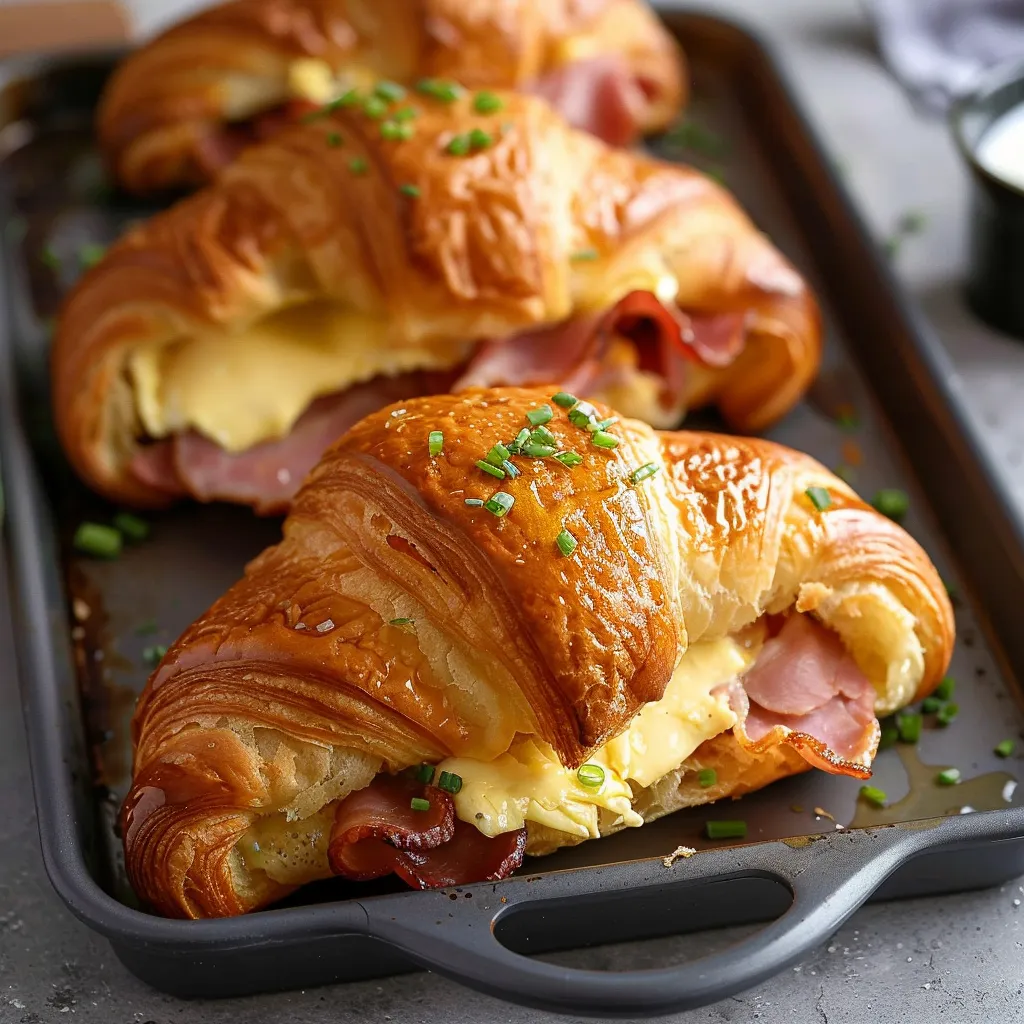 A pan of croissants with ham and cheese.