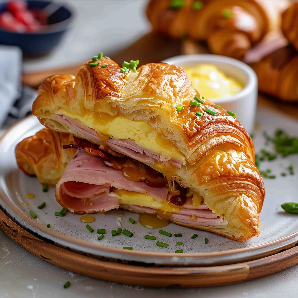 A croissant sandwich with ham and cheese.