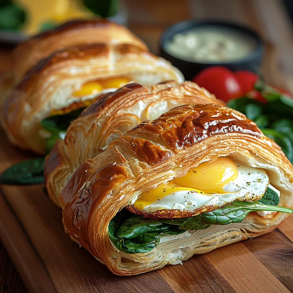 A tempting croissant sandwich stuffed with egg and spinach.