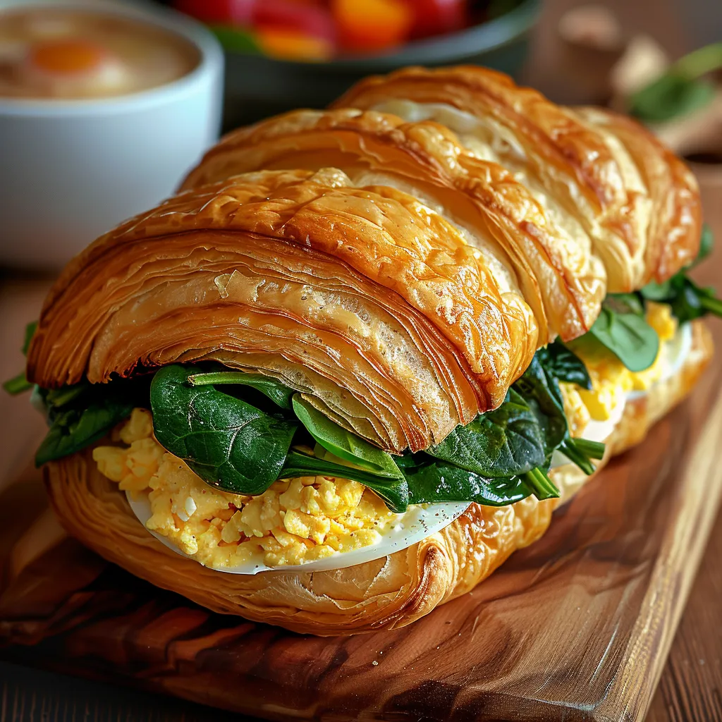 Egg and spinach croissant sandwich served on a wooden surface.