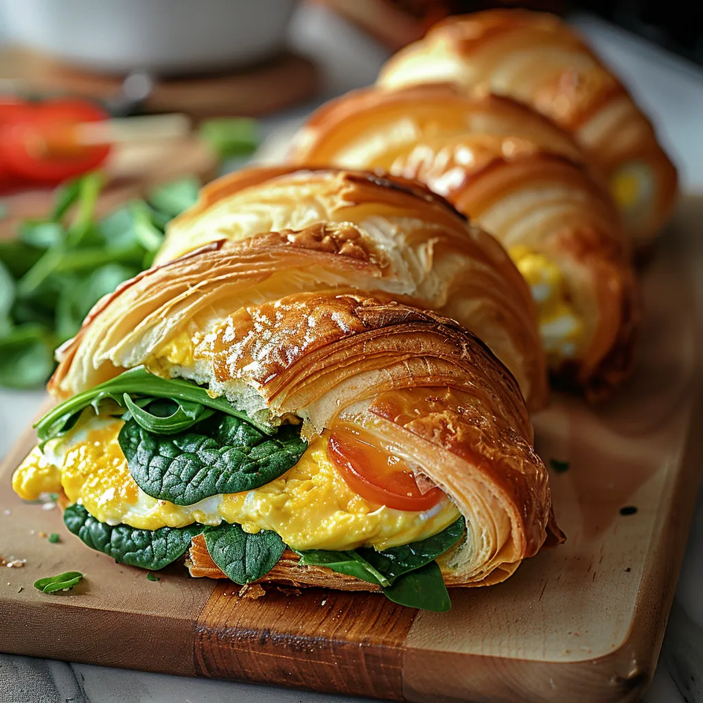 A mouthwatering croissant sandwich filled with egg and spinach sitting on a wooden board.