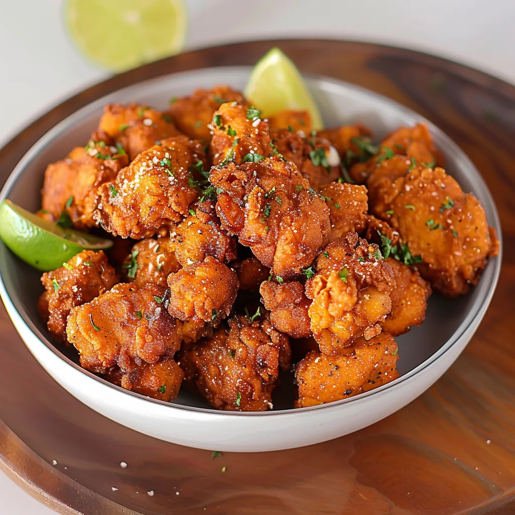 A plate of crispy chicken garnished with lime.