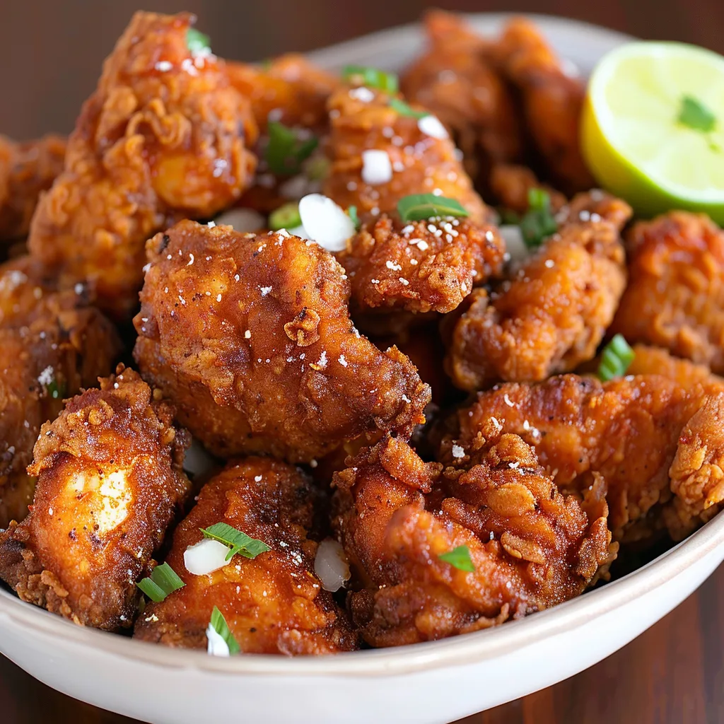 A bowl of fried chicken with a green lime wedge on top.