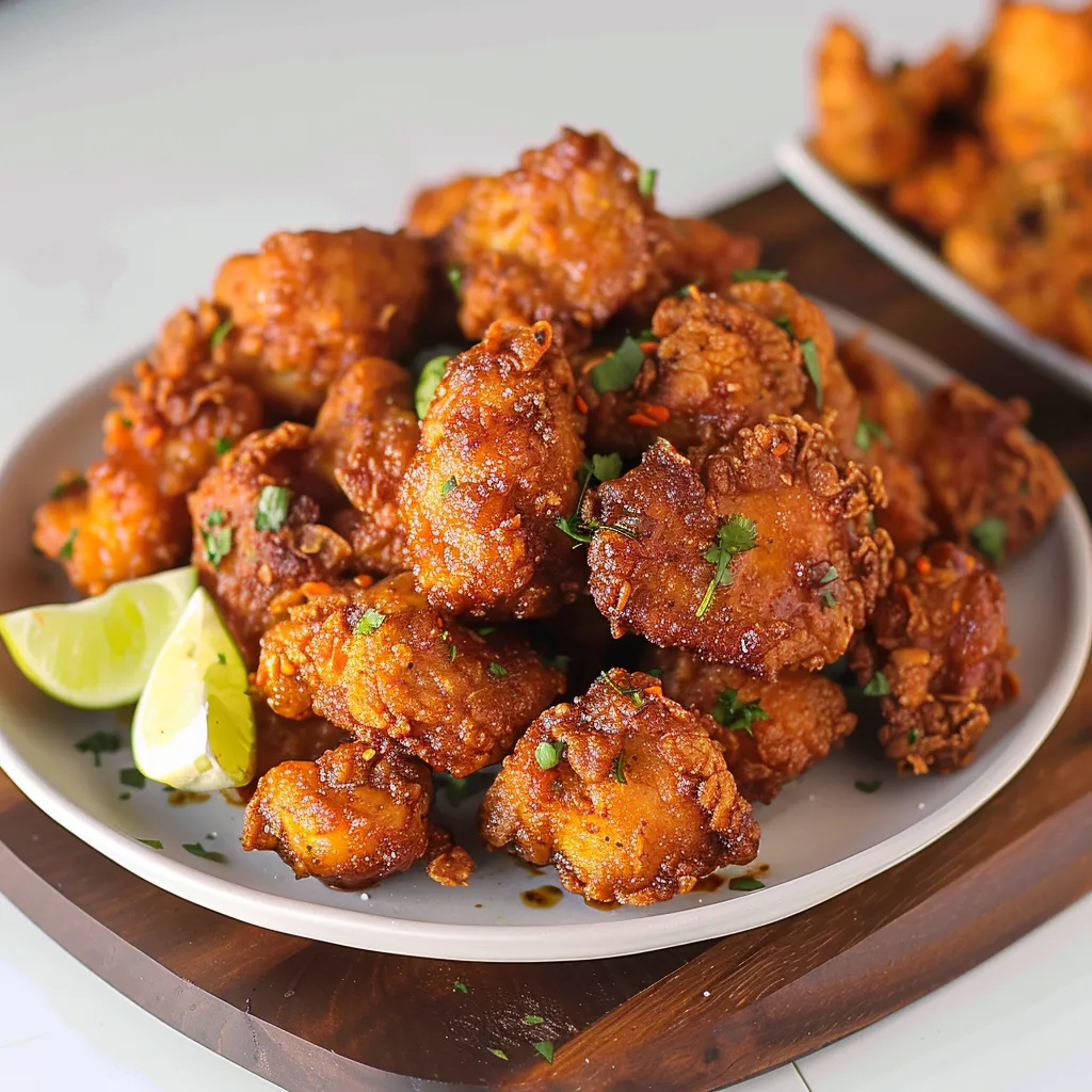 A plate of fried chicken with a slice of lemon on top.