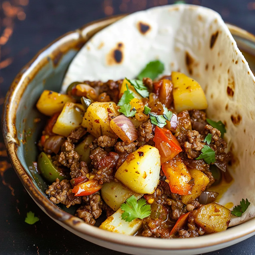A hearty dinner bowl with a tortilla resting on top.