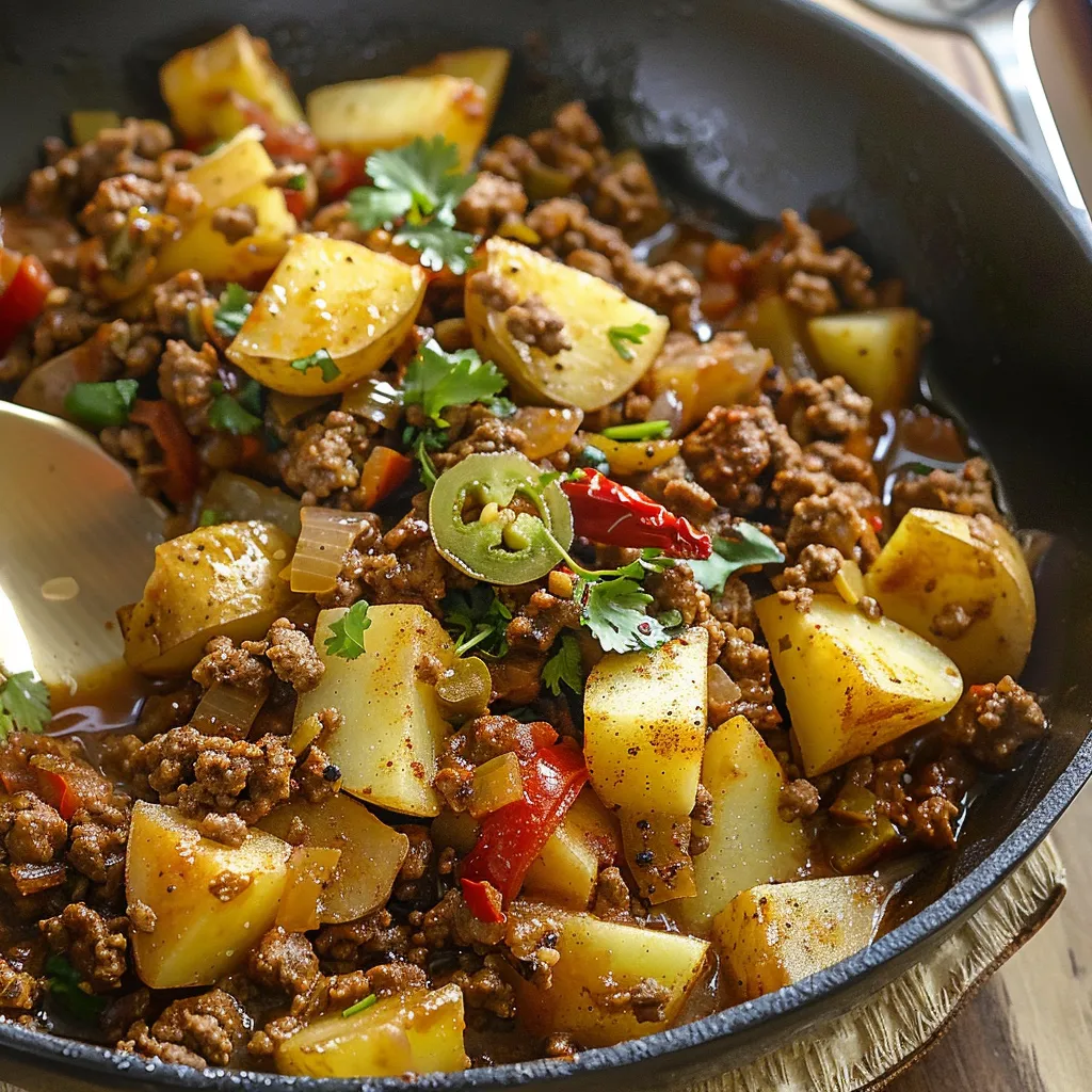 A bowl of meat and vegetables, including potatoes and peppers, is served in a black bowl.